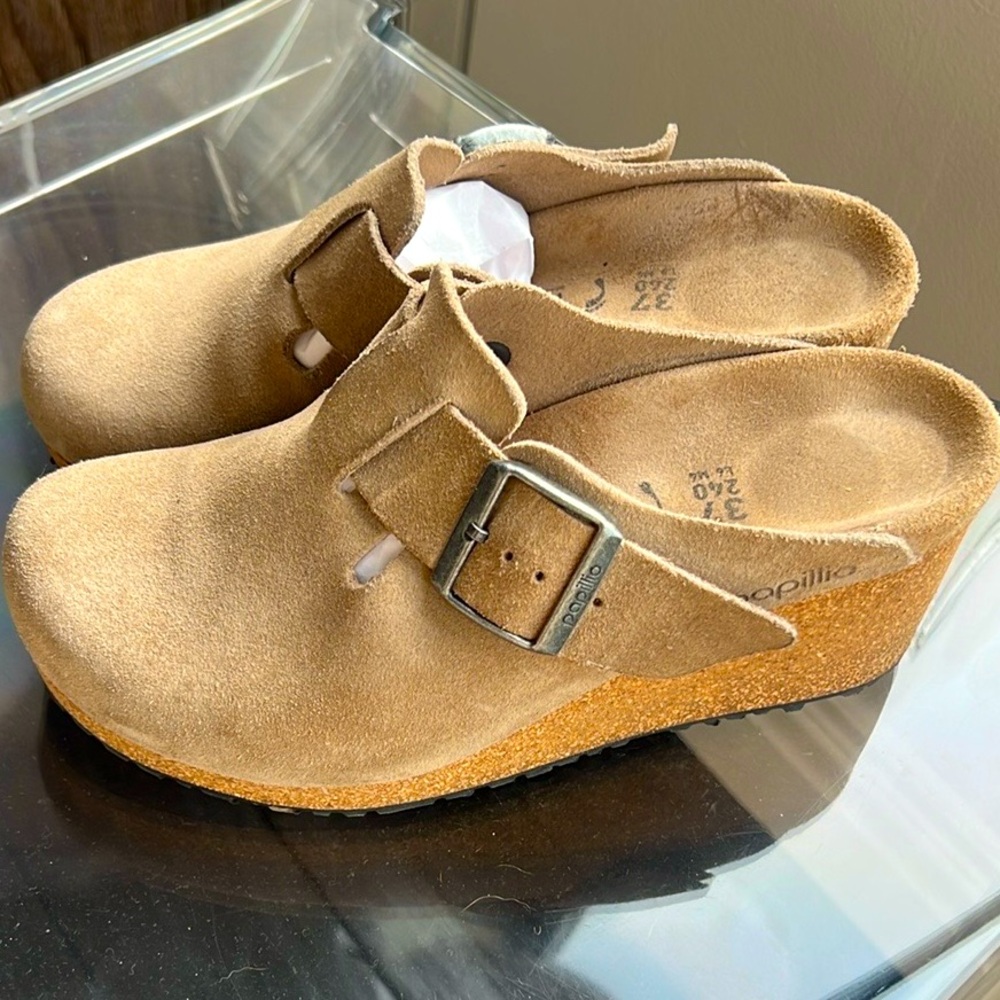 Birkenstock Papillio Tan Suede Mules Boston Clogs Size 37
